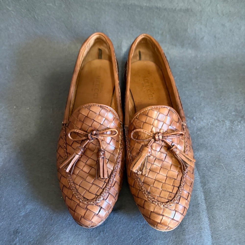 Sesto Meucci Woven Tassel Loafers Women 8.5 Tan Brown Preppy Leather Core Italy